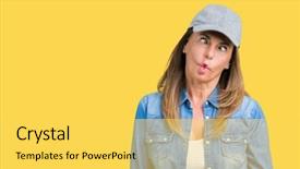  Presentation with comic face - Theme with age woman wearing sport cap background and a yellow colored foreground