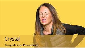  Presentation with back pain - Audience pleasing PPT theme consisting of age woman wearing winter vest backdrop and a gold colored foreground