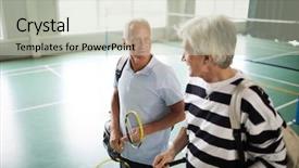  Presentation with sports badminton - Amazing PPT theme having aged active friendly badminton players backdrop and a mint green colored foreground