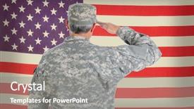  Presentation with middle america - PPT layouts featuring aged american soldier in fatigue background and a gray colored foreground