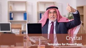 Presentation with case - Cool new PPT layouts with aged-arab-businessman-employee-holding backdrop and a red colored foreground