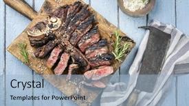  Presentation with barbecue dry aged kobe rib - Beautiful slide deck featuring aged barbecue t-bone steak backdrop and a light blue colored foreground