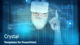  Presentation with virtual reality - PPT theme with aged bearded man in virtual reality headset is standing in front of interactive screen with diagram and looks like having a good idea background and a ocean colored foreground