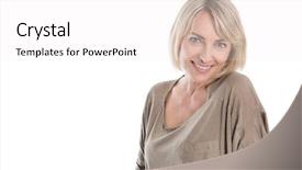  Presentation with woman menopause - Presentation with aged blond attractive isolated woman background and a white colored foreground
