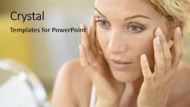  Presentation with cosmetics - PPT theme consisting of aged blond woman putting cosmetics background and a coral colored foreground