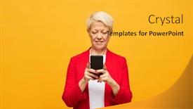  Presentation with chat - Slide set enhanced with aged-blond-woman-with-short background and a yellow colored foreground