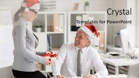  Presentation with employee - PPT theme enhanced with aged boss on christmas day background and a light gray colored foreground
