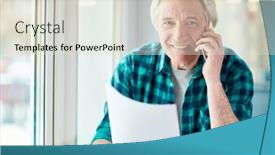  Presentation with aged paper - Amazing PPT theme having aged broker or agent with smartphone and paper looking at camera while explaining points of contract to his client backdrop and a lemonade colored foreground