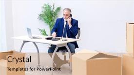  Presentation with power tactics at workplace - Slide set with aged businessman moving to new background and a coral colored foreground