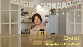  Presentation with birthday party - Presentation design featuring aged-cheerful-woman-in-smart background and a coral colored foreground