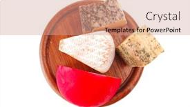  Presentation with aged wood - PPT theme having aged cheeses on wood over white background background and a coral colored foreground