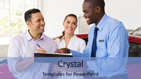  Presentation with car buying - Slide deck enhanced with aged couple buying a new background and a light blue colored foreground