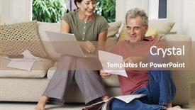  Presentation with middle ages portrait - PPT layouts enhanced with aged couple looking at bill background and a coral colored foreground