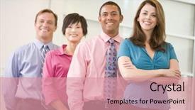  Presentation with five business people standing together and smiling - Slides with aged employee - business team standing indoors smiling background and a coral colored foreground