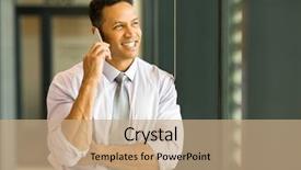  Presentation with cell - Presentation theme enhanced with aged employee - portrait of successful businessman talking background and a coral colored foreground