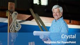  Presentation with engineering desk of civil engineer - Presentation theme featuring aged engineer with rolled blueprint background and a teal colored foreground