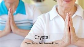  Presentation with exercise - Slide deck featuring aged female doing yoga exercise for balance background and a soft green colored foreground