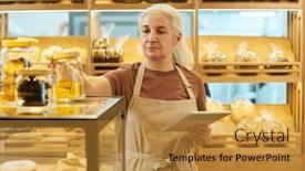  Presentation with looking glass - Presentation design consisting of aged-female-owner-of-bakery background and a gold colored foreground