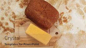  Presentation with aged paper - Presentation design consisting of aged italian cheddar cheese on wooden board with rye ciabatta on used baking paper as background background and a coral colored foreground
