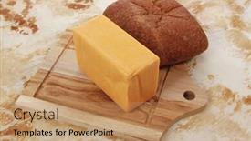  Presentation with aged paper - PPT theme enhanced with aged italian cheddar cheese on wooden board with rye ciabatta on used baking paper as background background and a coral colored foreground