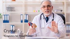  Presentation with cardiologist - Colorful presentation theme enhanced with aged male doctor cardiologist backdrop and a soft green colored foreground