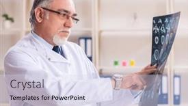  Presentation with radiologist - Slide deck having aged-male-doctor-radiologist background and a sky blue colored foreground