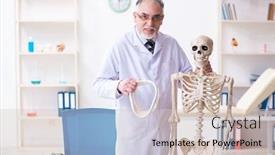 Presentation with skeleton - Amazing slides having aged-male-doctor-with-skeleton backdrop and a soft green colored foreground