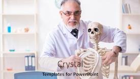  Presentation with skeleton - Audience pleasing presentation design consisting of aged-male-doctor-with-skeleton backdrop and a soft green colored foreground