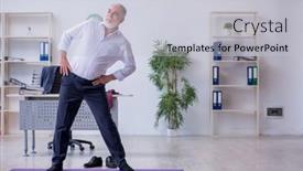 Presentation with physical exercises - Presentation design featuring aged-male-employee-doing-physical background and a light gray colored foreground