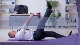  Presentation with physical exercises - Presentation theme with aged-male-employee-doing-physical background and a ocean colored foreground