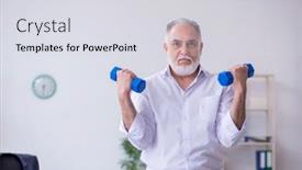  Presentation with physical exercises - PPT theme having aged-male-employee-doing-physical background and a light gray colored foreground
