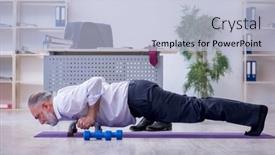  Presentation with physical exercises - Cool new presentation theme with aged-male-employee-doing-physical backdrop and a light blue colored foreground