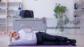  Presentation with physical exercises - Theme having aged-male-employee-doing-physical background and a light blue colored foreground