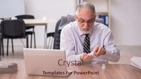  Presentation with workplace - Slides enhanced with aged-male-employee-suffering background and a coral colored foreground