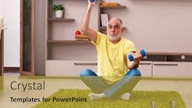  Presentation with exercises - PPT layouts with aged-man-doing-sport-exercises background and a gold colored foreground