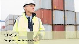  Presentation with walkie talkie - PPT theme featuring aged man holding walkie-talkie background and a soft green colored foreground