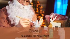  Presentation with wooden toy - Beautiful presentation theme featuring aged man in santa cap and beard painting decorative wooden xmas toy backdrop and a red colored foreground