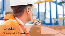  Presentation with walkie talkie - Slide deck enhanced with aged man using walkie-talkie background and a gold colored foreground