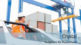  Presentation with car door - Beautiful PPT theme featuring aged man using walkie-talkie backdrop and a light blue colored foreground