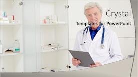  Presentation with pharmacist - Audience pleasing theme consisting of aged-pharmacist-in-whitecoat-looking backdrop and a sky blue colored foreground