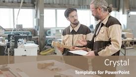  Presentation with meeting table - Colorful slide set enhanced with aged-professional-engineer-explaining backdrop and a coral colored foreground