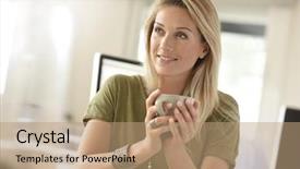  Presentation with middle ages portrait - Slide set consisting of attractive blond middle-aged woman background and a coral colored foreground