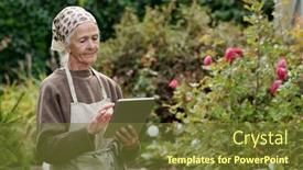  Presentation with aged - Presentation having aged-woman-in-workwear background and a tawny brown colored foreground