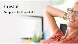  Presentation with aged - Cool new PPT theme with aged woman relaxing in office backdrop and a white colored foreground