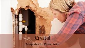  Presentation with water pipe - Cool new slides with aged woman repairing burst water backdrop and a red colored foreground