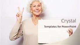  Presentation with advertising - Amazing slide set having aged woman with blank advertising board or copy space portrait of handsome expressive grandmother backdrop and a lemonade colored foreground