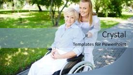  Presentation with ageing - Presentation theme having ageing care - female caregiver walking with senior background and a light blue colored foreground