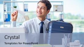  Presentation with vacation - PPT layouts enhanced with agence de voyage - businessman thinking of vacation travel background and a light blue colored foreground