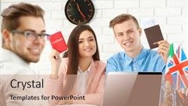  Presentation with company - Amazing slide deck having agent and happy young couple with passports and tickets in the office of travel company backdrop and a coral colored foreground