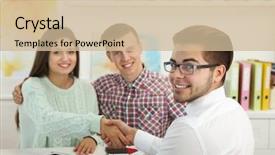  Presentation with office - Slides having agent and young couple handshaking background and a  colored foreground